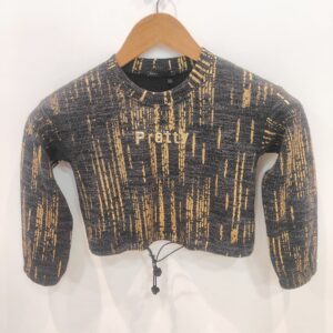 Girls Black & Gold Knitted Crop Sweater – Stylish Winter Wear Top