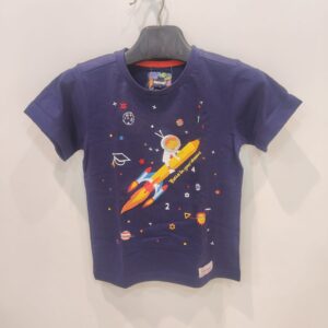 Kids Astronaut Rocket Printed T-Shirt | Navy Blue Cotton Round Neck Tee for Boys & Girls