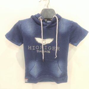 Kids Blue Hooded T-Shirt with Front Pocket | Half Sleeve Cotton Hoodie Tee for Boys & Girls