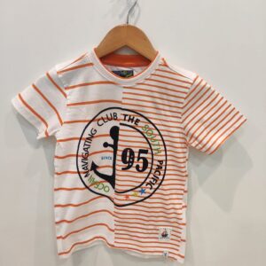 Kids White & Orange Striped T-Shirt | Printed Cotton Half Sleeve Tee for Boys