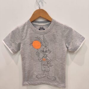Kids Grey Cartoon Basketball Graphic T-Shirt – Trendy Sports Cotton Tee for Boys